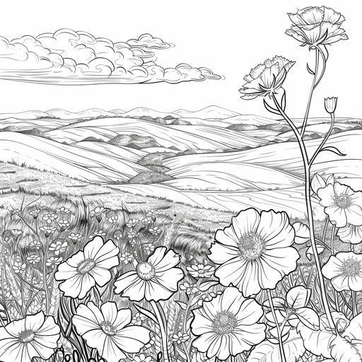 Scenic landscape with rolling hills and blooming wildflowers