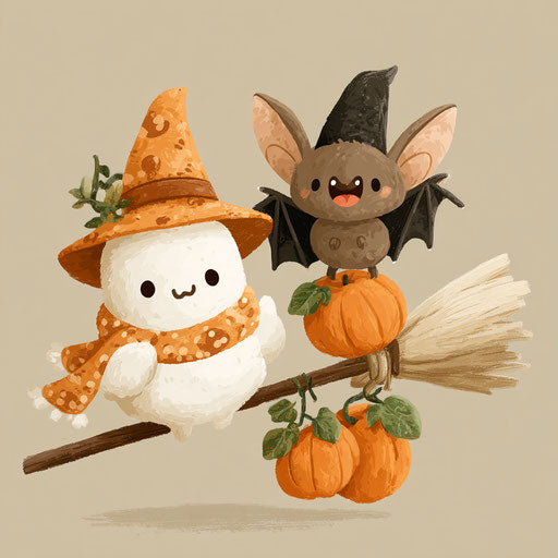 Charming Halloween Scene with Ghost and Bat
