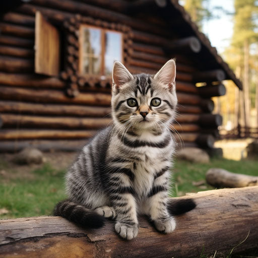 American shorthair cat in front of a log cabin