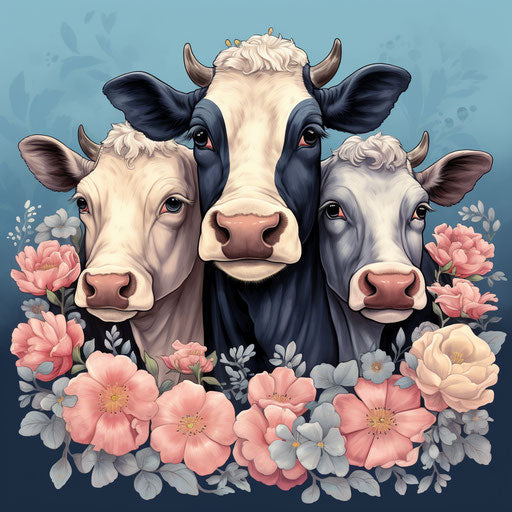 Three cows in floral pattern on blue background