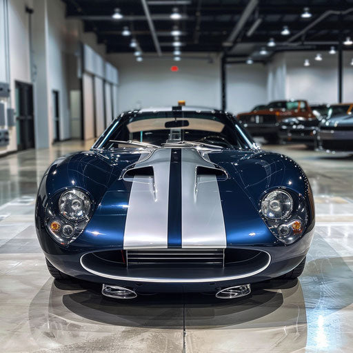 Shelby Daytona with a split personality paint job, half classic and half modern, showcasing the evolution of design.