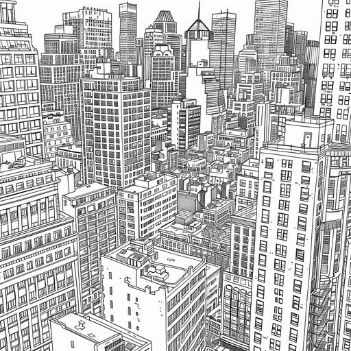 Detailed view of a cityscape with skyscrapers and bustling streets. Coloring book page