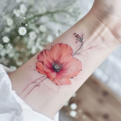 Ethereal poppy tattoo design with soft colors
