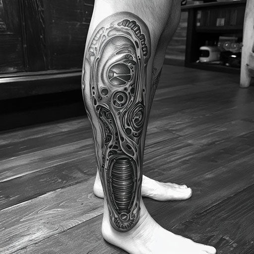 Black and grey tattoo with biomechanical designs