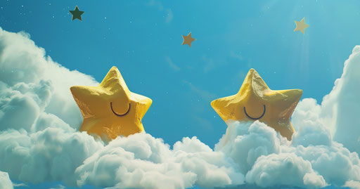 Two stars against a cloudy background, sky-blue and gold style