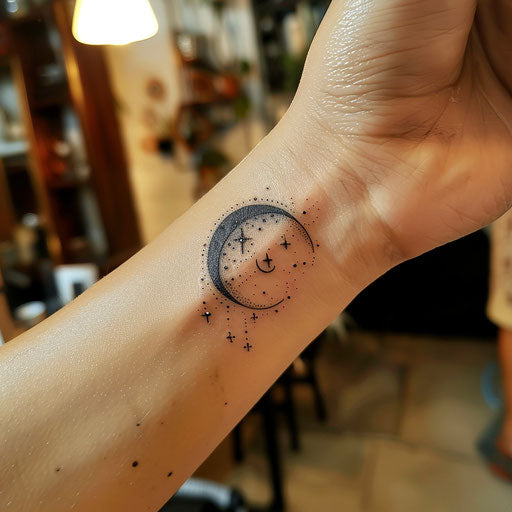 Small wrist tattoos of a moon, Jackson style