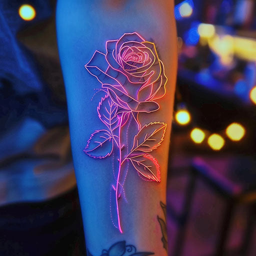 Flat modern tattoo sketch of a rose with neon outlines