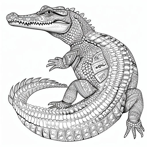 Ornate crocodile with tribal patterns and intricate scales