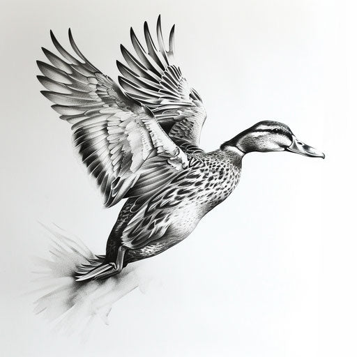 Hyper-realistic duck in flight with fine details and natural colors