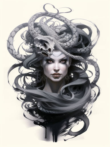 Woman with snake, tattoo inspired, misty gothic, hand-drawn