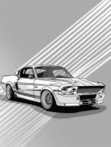 Classic Mustang car depicted in outline, sheet film style, light gray 3:4