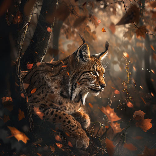 Lynx in an autumnal forest with falling leaves