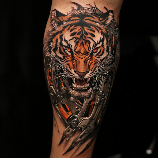 Japanese tiger tattoo with biomechanical details and sharp claws