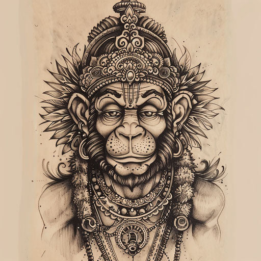 Exotic flat tattoo sketch of Hanuman adorned with traditional Thai art motifs