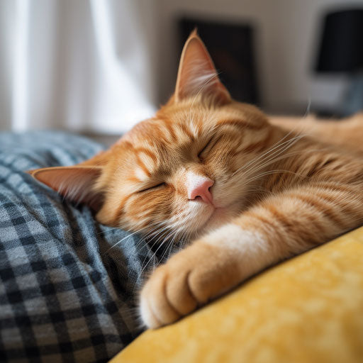 Ginger cat sleeping on a couch with its owner