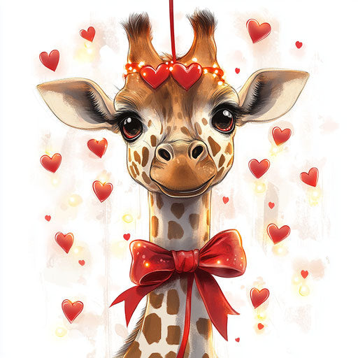 Valentine Giraffe with Bow, Hearts, Lights