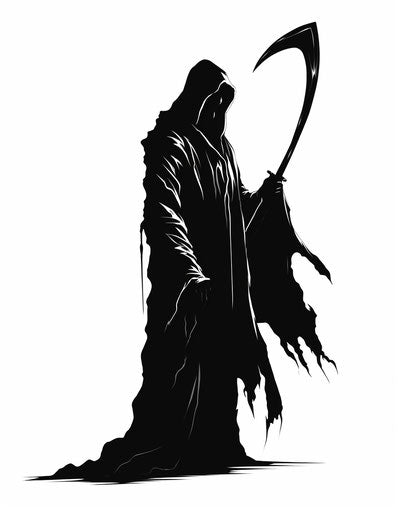 The black and white grim reaper with a scythe on the right