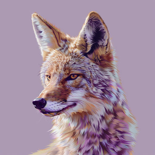 Realistic coyote graphic on flat lavender background
