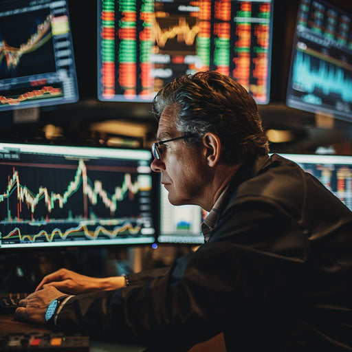 Stock market trader analyzing charts on multiple screens