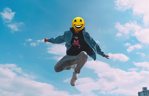 Competition with yellow smiley face mask jumping high