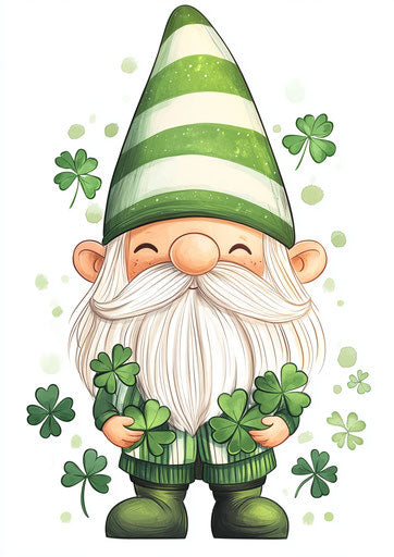 Cute gnome with Irish hat and clovers in hand