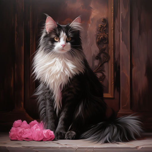 Black and white cat, in the style of light brown and magenta