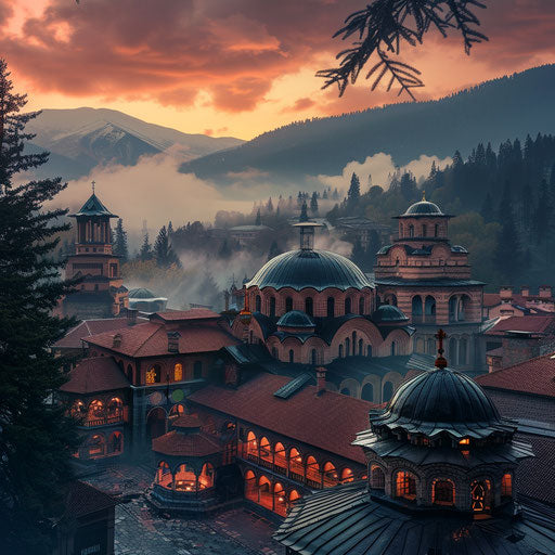 Rila Monastery at dawn with rising mist