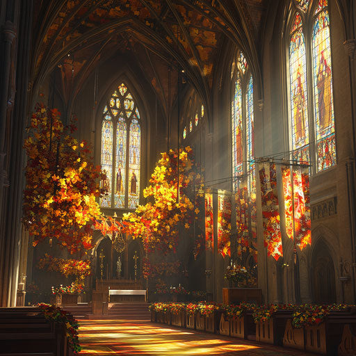 Thanksgiving service in historic cathedral with colorful banners and golden light