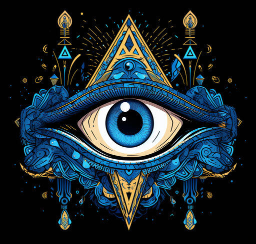 Black and blue all seeing eye with crescent moon symbol