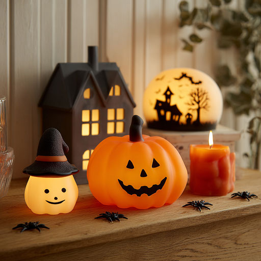 Halloween Decorations on a Wooden Surface