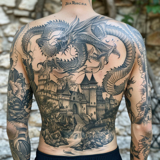 Dragon tattoo around a castle, Guy Aitchison's style