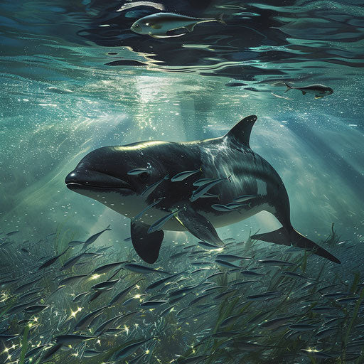 Curious porpoise near shimmering fish in shallow waters