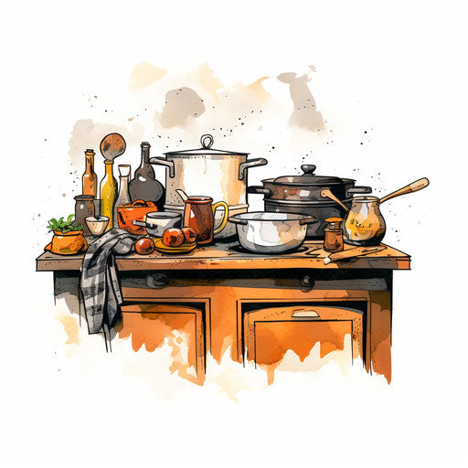 Kitchen clipart in the style of Chiaroscuro Art, on white background