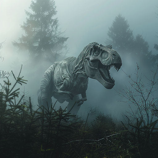 T-rex dinosaur in a foggy ancient morning