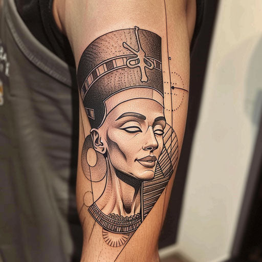 Flat tattoo sketch of Nefertiti with a backdrop of the pyramids at dusk