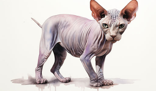 A sphynx cat on white background, in dark silver and light purple style, light pink and dark brown, ink-washed