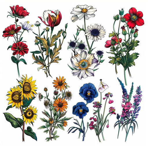 Series of wildflower tattoos, traditional style, vivid colors