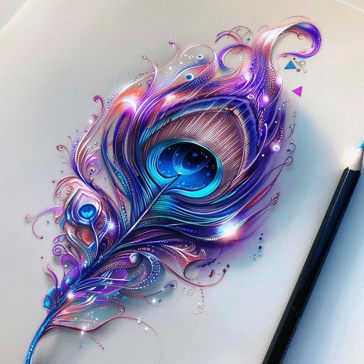 Futuristic peacock feather tattoo sketch with metallic colors and holographic details