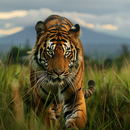 Sumatran tiger hunting in tall grasses