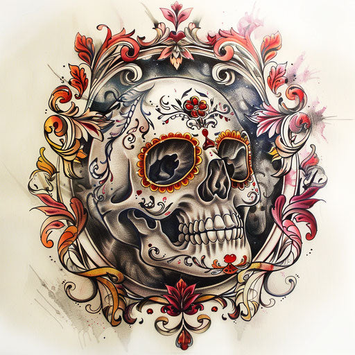 Sugar skull tattoo in ornate baroque filigree frame