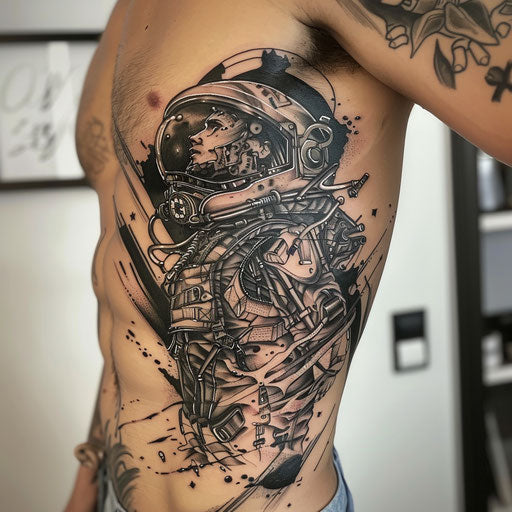 Men's rib tattoos with heroic elements, Glenn Fabry style