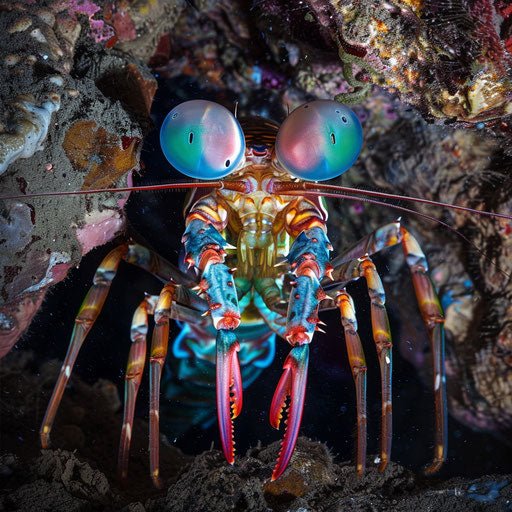 Mantis shrimp in a shadowy cave, dramatic and intense