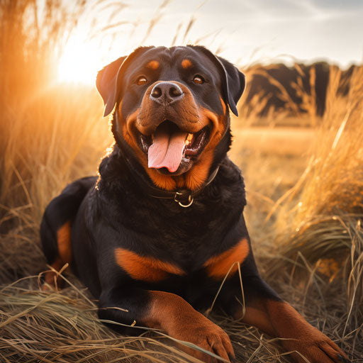 Smiling Rottweiler in a field, light orange and dark emerald style