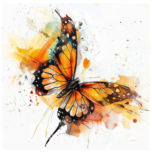 Abstract 3D butterfly with orange and yellow splashes
