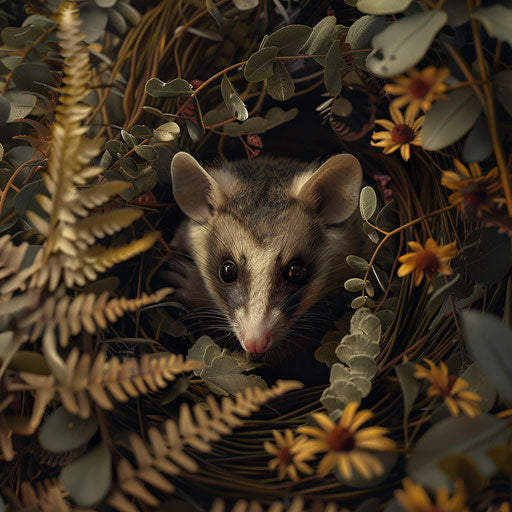 Possum hidden among ferns and wildflowers