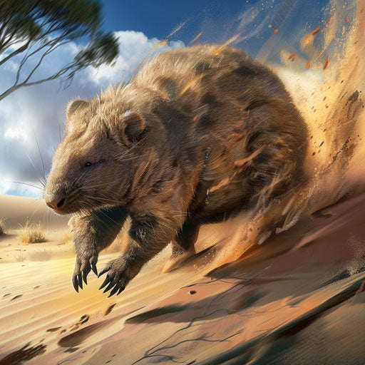 Wombat running in the dunes under the Australian sun
