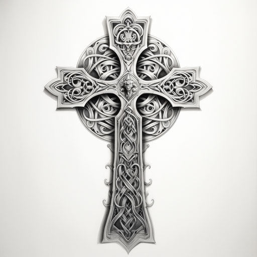 Celtic cross tattoo design ideas in liquid metal