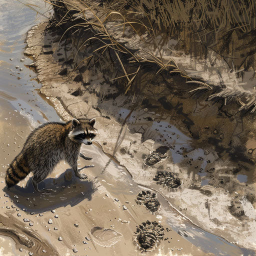 A raccoon on a sandy riverbank, paw prints trailing in the mud