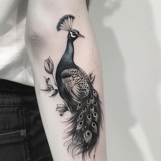 Black and white peacock tattoo, shadows and contrast