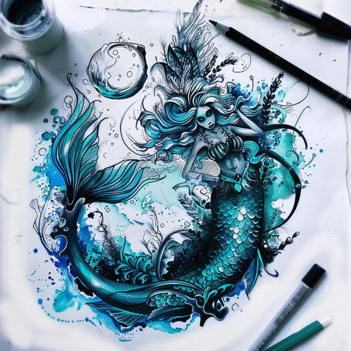 Mythical tattoo sketch of a mermaid under the sea, shimmering blues and greens